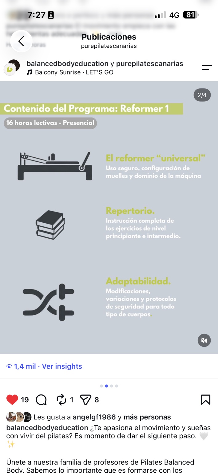 Cartel del programa Reformer 1: 16 horas presenciales, uso del Reformer, repertorio y adaptabilidad