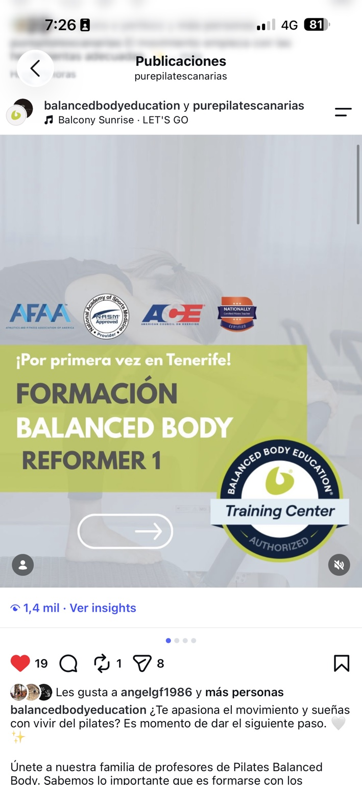 Cartel de la formación Balanced Body Reformer 1 en Tenerife, con el sello Training Center autorizado